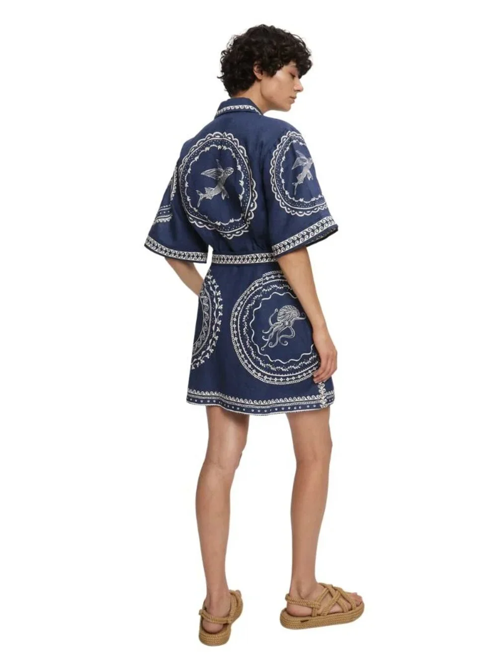 Alemais Oceane Mini Dress Navy Floral Linen Puff Sleeve Dress - Picture 3 of 12